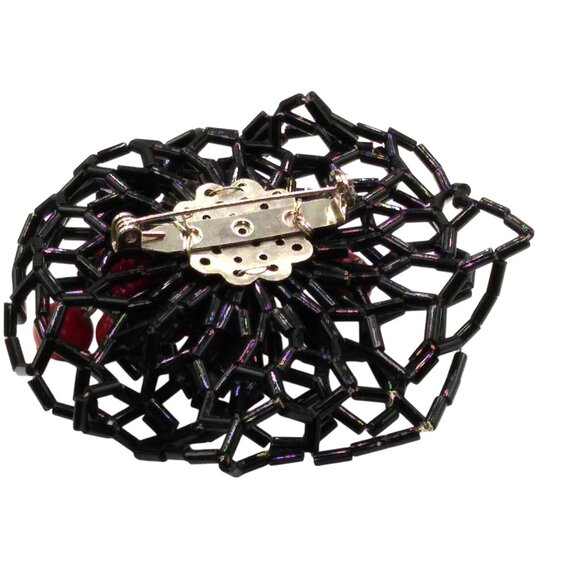Beaded Glass Artisan Brooch, Large Black and Red Flower Pin, Unique Goth Floral - Picture 4 of 4